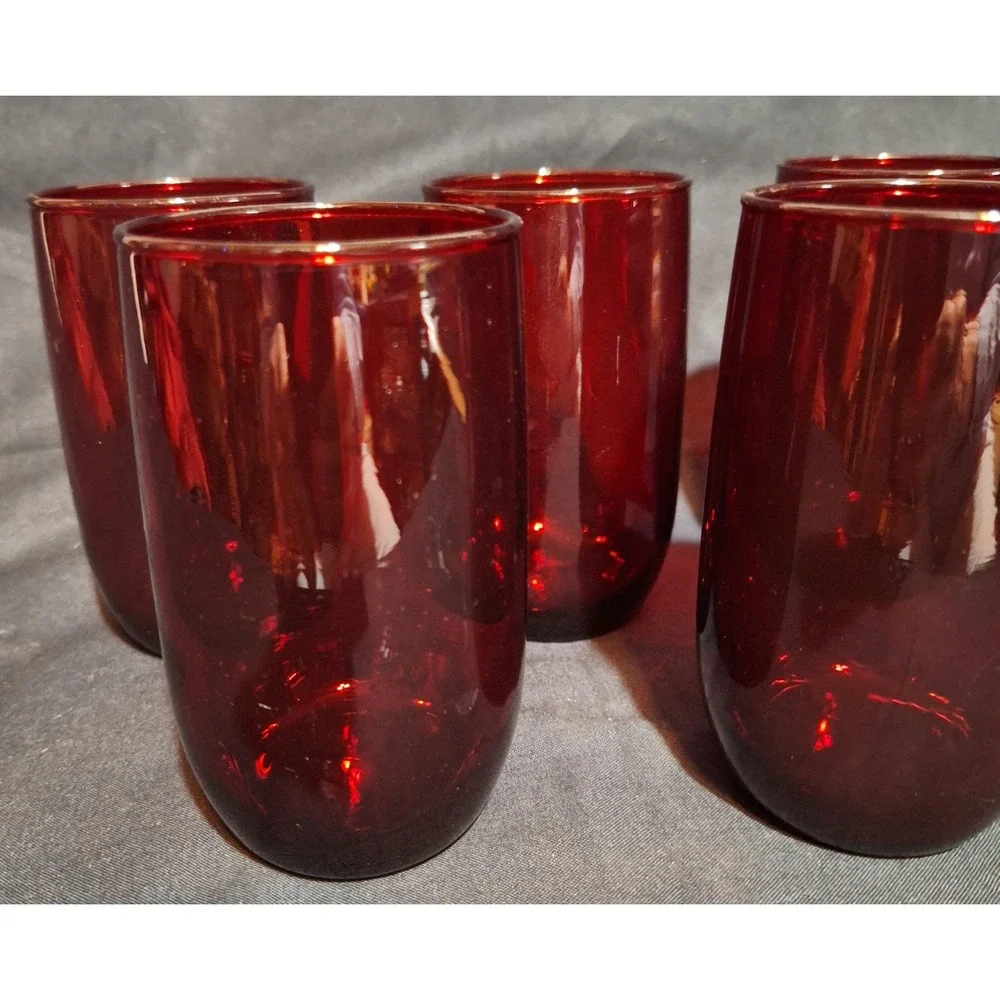 Set of 7 Ruby‎ Red Glass Tumblers Vintage Minimalist Drinking Glasses 4.25 Inch